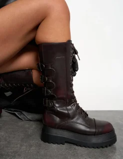 Store Vex Multi Buckle Detail Lace Up Knee High Boots Knee High Boots | Long Boots