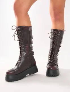 Store Vex Multi Buckle Detail Lace Up Knee High Boots Knee High Boots | Long Boots