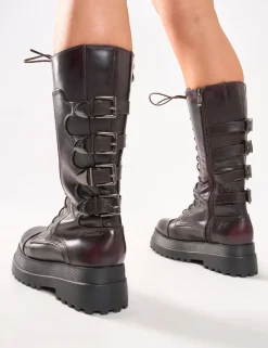 Store Vex Multi Buckle Detail Lace Up Knee High Boots Knee High Boots | Long Boots