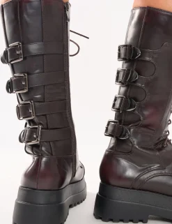 Store Vex Multi Buckle Detail Lace Up Knee High Boots Knee High Boots | Long Boots