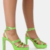 Outlet Viola Lime Satin Strappy Square Toe Platform Flat Block Heels Square Toe Heels | Lace Up Heels