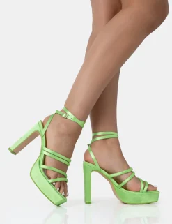 Outlet Viola Lime Satin Strappy Square Toe Platform Flat Block Heels Square Toe Heels | Lace Up Heels