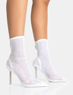 Hot VIP White Diamante Holographic Detailed Mesh Pointed Toe Stiletto Sock Boot Heels Sculpt & Leisure | Kaiia The Label