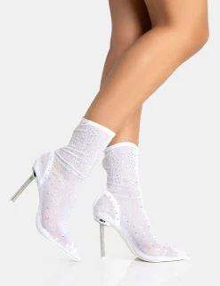 Hot VIP White Diamante Holographic Detailed Mesh Pointed Toe Stiletto Sock Boot Heels Sculpt & Leisure | Kaiia The Label