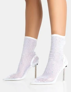 Hot VIP White Diamante Holographic Detailed Mesh Pointed Toe Stiletto Sock Boot Heels Sculpt & Leisure | Kaiia The Label