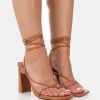 Sale Viva Wide Fit Caramel Pu Strappy Lace Up Stiletto Thin Block Heels Wide Fit Heels | Wide Fit Heels