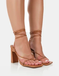 Sale Viva Wide Fit Caramel Pu Strappy Lace Up Stiletto Thin Block Heels Wide Fit Heels | Wide Fit Heels