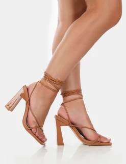 Sale Viva Wide Fit Caramel Pu Strappy Lace Up Stiletto Thin Block Heels Wide Fit Heels | Wide Fit Heels