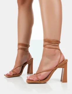 Sale Viva Wide Fit Caramel Pu Strappy Lace Up Stiletto Thin Block Heels Wide Fit Heels | Wide Fit Heels
