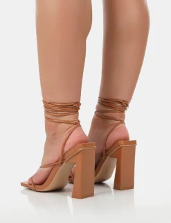 Sale Viva Wide Fit Caramel Pu Strappy Lace Up Stiletto Thin Block Heels Wide Fit Heels | Wide Fit Heels