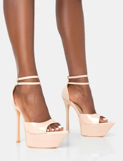 Discount Vortex Nude Patent Platform Barely There Pointed Toe Stiletto Heels Platform Heels | Block Heels