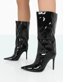 Hot Wanda Patent PU Pointed Toe Stiletto Knee High Boots High Heels | Heeled Boots