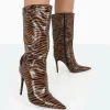 Cheap Wanda Camel Zebra PU Pointed Toe Stiletto Knee High Boots High Heels | Heeled Boots