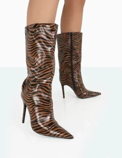 Cheap Wanda Camel Zebra PU Pointed Toe Stiletto Knee High Boots High Heels | Heeled Boots