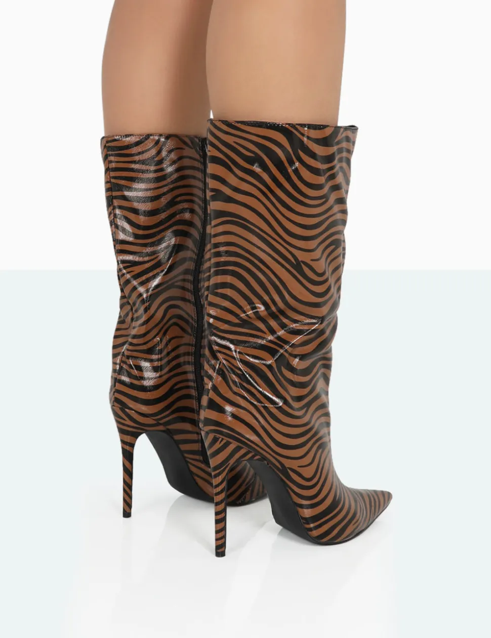 Cheap Wanda Camel Zebra PU Pointed Toe Stiletto Knee High Boots High Heels | Heeled Boots