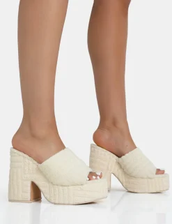 Store Wavez Ecru Terry Towelling Round Toe Platform Block Heel Mules Mules | Block Heels