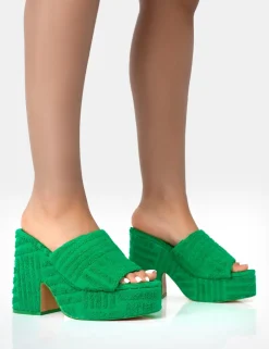 Clearance Wavez Terry Towelling Round Toe Platform Block Heel Mules Mules | Block Heels