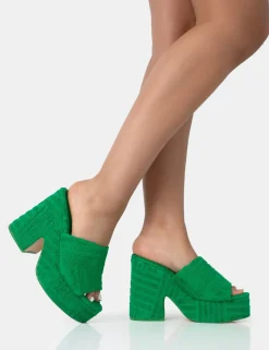 Clearance Wavez Terry Towelling Round Toe Platform Block Heel Mules Mules | Block Heels