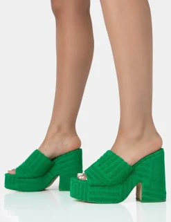 Clearance Wavez Terry Towelling Round Toe Platform Block Heel Mules Mules | Block Heels