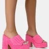 Cheap Wavez Terry Towelling Round Toe Platform Block Heel Mules Pink Heels | Mules