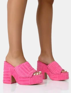 Cheap Wavez Terry Towelling Round Toe Platform Block Heel Mules Pink Heels | Mules
