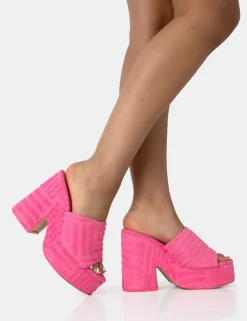 Cheap Wavez Terry Towelling Round Toe Platform Block Heel Mules Pink Heels | Mules
