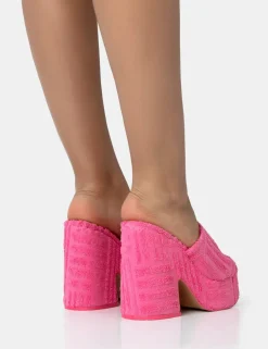 Cheap Wavez Terry Towelling Round Toe Platform Block Heel Mules Pink Heels | Mules
