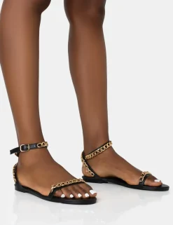 Discount Whisper PU Chain Strap Flat Round Toe Sandals Flats