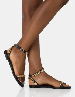 Discount Whisper PU Chain Strap Flat Round Toe Sandals Flats