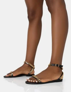 Discount Whisper PU Chain Strap Flat Round Toe Sandals Flats