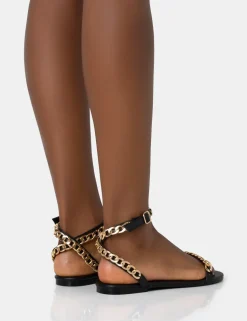 Discount Whisper PU Chain Strap Flat Round Toe Sandals Flats