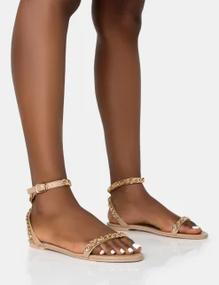 Sale Whisper Nude PU Chain Strap Flat Round Toe Sandals Flats