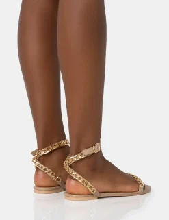 Sale Whisper Nude PU Chain Strap Flat Round Toe Sandals Flats