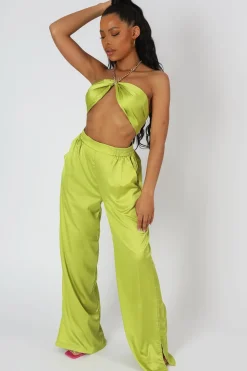 Cheap Wide Leg Satin Trousers Lime Sculpt & Leisure | Kaiia The Label