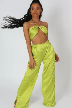 Cheap Wide Leg Satin Trousers Lime Sculpt & Leisure | Kaiia The Label