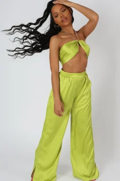 Cheap Wide Leg Satin Trousers Lime Sculpt & Leisure | Kaiia The Label