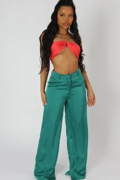 Shop Wide Leg Split Hem Satin Tailored Trousers Trousers