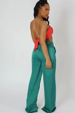 Shop Wide Leg Split Hem Satin Tailored Trousers Trousers