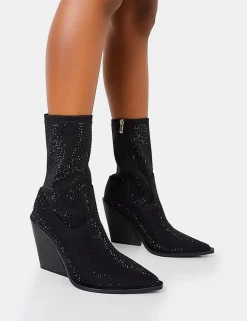 Fashion Wild One Diamante Western Cowboy Pointed Toe Block Heel Ankle Boots Diamante Heels | Western Boots