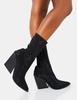 Fashion Wild One Diamante Western Cowboy Pointed Toe Block Heel Ankle Boots Diamante Heels | Western Boots