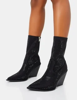 Fashion Wild One Diamante Western Cowboy Pointed Toe Block Heel Ankle Boots Diamante Heels | Western Boots