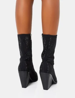 Fashion Wild One Diamante Western Cowboy Pointed Toe Block Heel Ankle Boots Diamante Heels | Western Boots