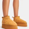 Outlet Willow Chestnut Faux Suede Ultra Mini Ankle Triple Platform Boots Flats | Faux Fur Ankle Boots