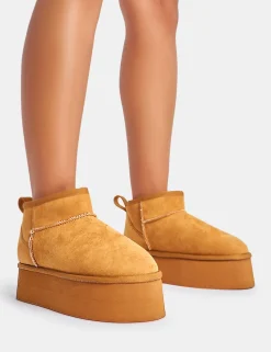 Outlet Willow Chestnut Faux Suede Ultra Mini Ankle Triple Platform Boots Flats | Faux Fur Ankle Boots