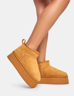 Outlet Willow Chestnut Faux Suede Ultra Mini Ankle Triple Platform Boots Flats | Faux Fur Ankle Boots