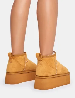 Outlet Willow Chestnut Faux Suede Ultra Mini Ankle Triple Platform Boots Flats | Faux Fur Ankle Boots