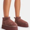 Store Willow Chocolate Faux Suede Ultra Mini Ankle Triple Platform Boots Flats | Faux Fur Ankle Boots