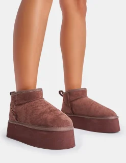 Store Willow Chocolate Faux Suede Ultra Mini Ankle Triple Platform Boots Flats | Faux Fur Ankle Boots