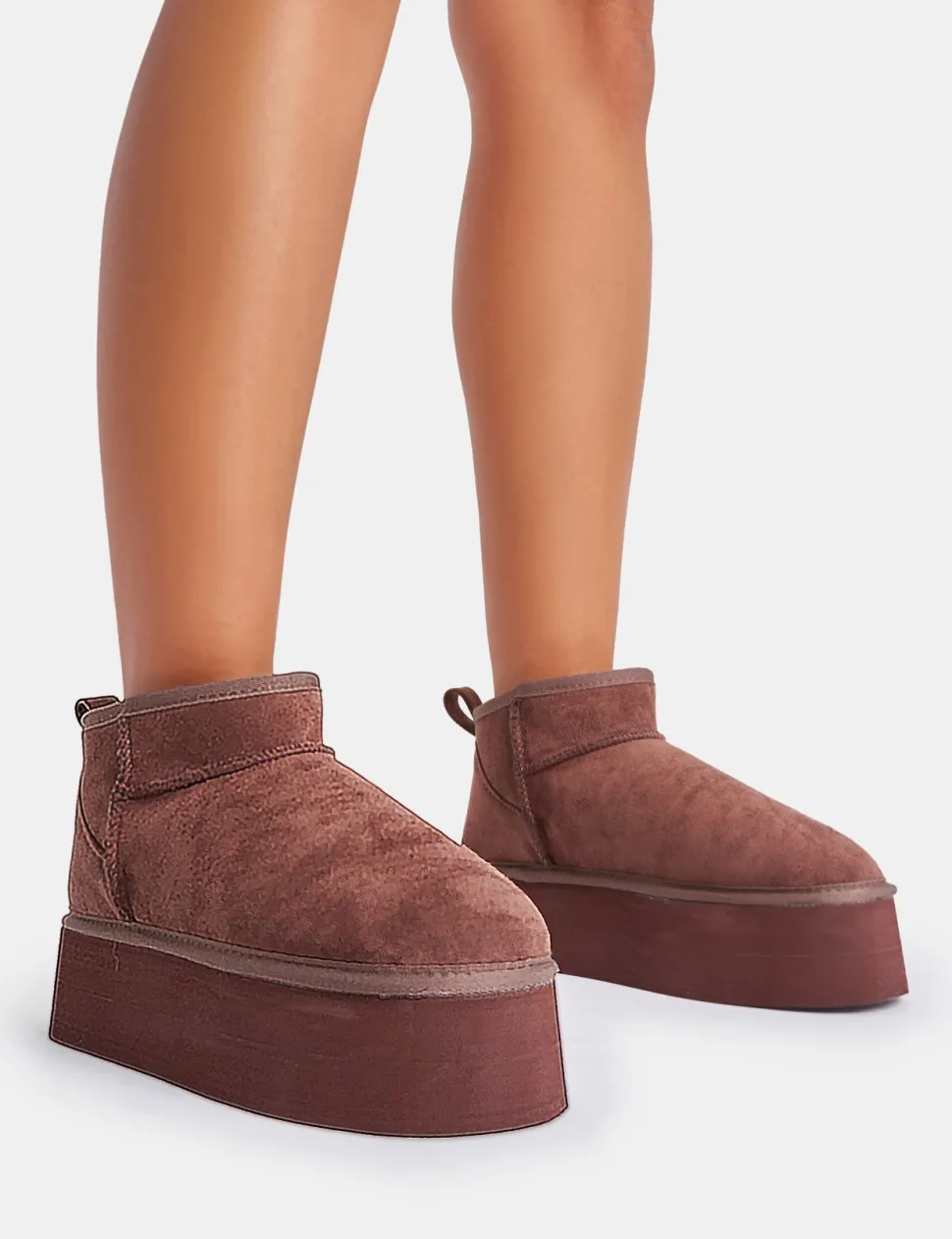 Store Willow Chocolate Faux Suede Ultra Mini Ankle Triple Platform Boots Flats | Faux Fur Ankle Boots