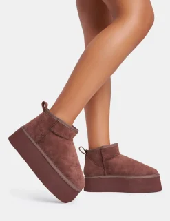 Store Willow Chocolate Faux Suede Ultra Mini Ankle Triple Platform Boots Flats | Faux Fur Ankle Boots